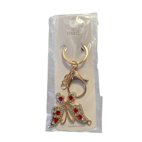 MINT CLEAR AND RED SPARKLES BUTTERFRY KEYCHAIN - Picture 1 of 1